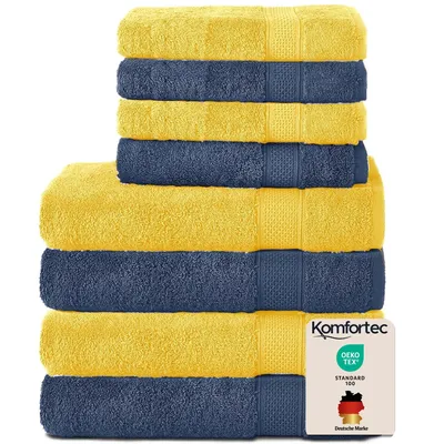 Produktbild von Komfortec 8er Handtuch Set aus 100% Baumwolle, 4 Badetücher 70x140 und 4 Handtücher 50x100 cm, Frottee , Weich,Groß, Navyblau/Gelb