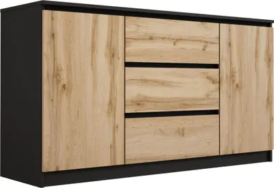 Produktbild von Kommode : 3 Schubladen und 2 Türen, Farbe: Schwarz / Wotan-Eiche, 140 x 79 x 39 cm