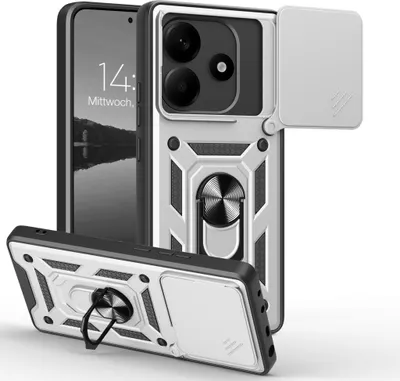 A silver and black rugged phone case with a camera cover and a ring stand, shown from multiple angles against a white background.
