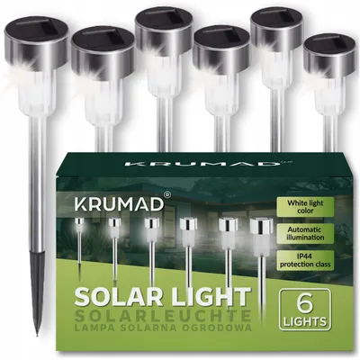 Zdjęcie produktu dla Zestaw 6 lamp solarnych KRUMAD, lampy ogrodowe LED, wodoodporność IP44, czas świecenia 6-12 godzin, automatyczny czujnik, kolec do ziemi 11 cm