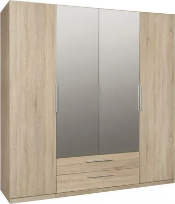Produktbild von Furniture24 Kleiderschrank CDXS84S, Schrank, Drehtürenschrank, 4 Türig, mit 2 Kleiderstange, 6 Einlegeboden, 2 Schubkästen, Schlafzimmerschrank mit Spiegel Sonoma Eiche