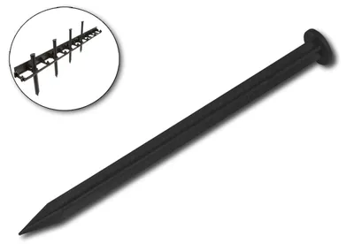 A black ground stake is shown against a white background, with a close-up inset of multiple stakes attached to a strip.