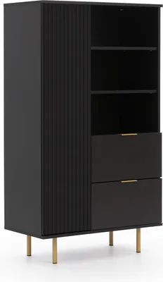 Produktbild von Bücherregal Nubia R1D2SZ Standregal mit 1-Tür und 2-Schubladen Push to Open system Vitrine gefräste Fronten (Schwarz + goldene Beine)