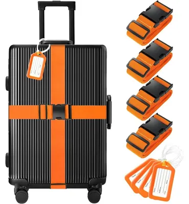Immagine prodotto di Etichetta bagaglio cinghia bagaglio - Set da 8 - Arancione - 4 cinghie e 4 etichette
