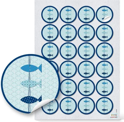 Produktbild von 24 runde blau weiß türkise Fische Aufkleber selbklebende Kinderaufkleber Sticker Etiketten maritim hellblau für Kommunion Taufe Geburtstag zum Basteln als Symbol96 Aufkleber / 4 Bögen