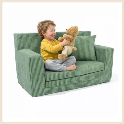 Produktbild von Kindersofa aus Schaumstoff Grün, ausklappbar und bequem, Polstersofa für Kinderzimmer zum Sitzen, Lesen und Entspannen