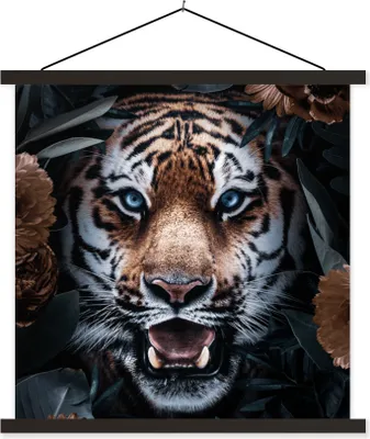 Produktbild von MuchoWow® Textilposter Tiger - Blumen - Blatt 90x90 cm mit schwarzem Rahmen - Magnetisches