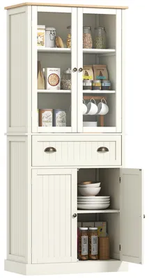 Produktbild von Kš¹chen-Sideboard/Aufbewahrungsschrank mit 4 Tš¹ren (2 Glastš¹ren und 1 Schublade), 182,5 cm hoch, mit verstellbaren Einlegeb?den šC beige