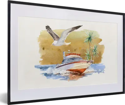 Produktbild von MuchoWow® MuchoWow® Gerahmtes Poster Boot - Vogel - Aquarell 60x40 cm - Poster mit zchwarzem Bilderrahmen - Schlafzimmer - Plakat in Rahmen - Drucken