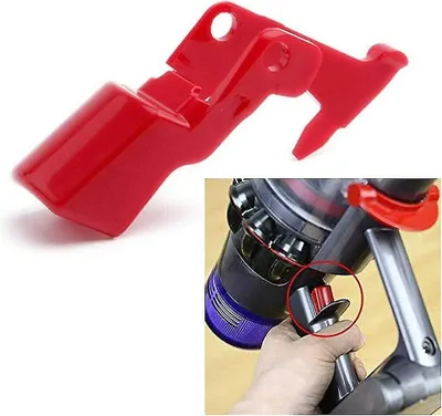 A red trigger switch for a vacuum cleaner is shown, with an inset image demonstrating its use on a vacuum cleaner.