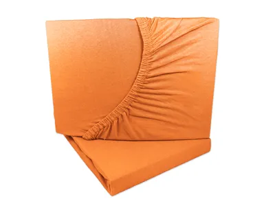 A folded orange fitted sheet is shown against a white background.