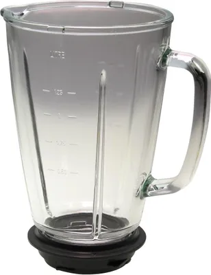 A clear, studio shot of a blender jug with measurement markings.