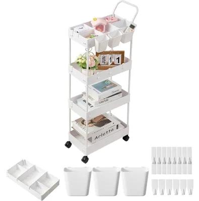 Immagine prodotto di Carrello portaoggetti stretto, 4 ripiani, bianco, con ganci e contenitori, ideale per camerette, cucine, bagni, uffici