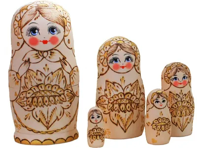 Produktbild von Matroschka Babuschka Matryoshka Holzfiguren Set aus 5 Puppen Sonnenblume Holzbrandmahlerei