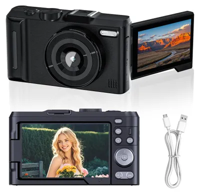 Image de Appareil photo numérique rétro ZELURXX 4K 4800 MP, zoom 18x, grand angle F1.8, appareil photo portable pour vlogging avec écran orientable de 3 pouces, idéal pour le vlogging et comme cadeau, noir