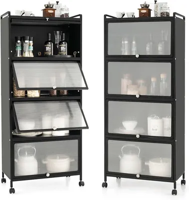 Produktbild von Küchenregal auf Rollen, Küchenschrank mit 5 Ebenen, Aufbewahrungsregal mit Tür, Standregal aus Metall für Wohnzimmer, Küche, Esszimmer, 60x32x154 cm (Schwarz)