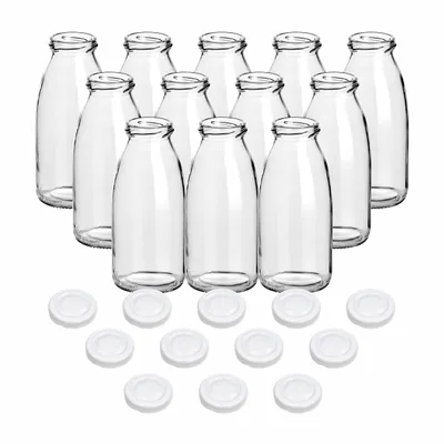 Produktbild von gouveo 12er Set Saftflasche 250 ml mit Schraub-Deckel weiß - Kleine Glasflasche 0,25 l mit TO43 Verschluss - Leere Flasche zum Befüllen für Küche und Haushalt