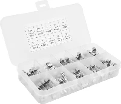 Imagen del producto de Kit de 100 fusibles de vidrio de acción rápida, con valores de 0.2A, 0.5A, 1A, 2A, 3A, 5A, 8A, 10A, 15A y 20A, para protección