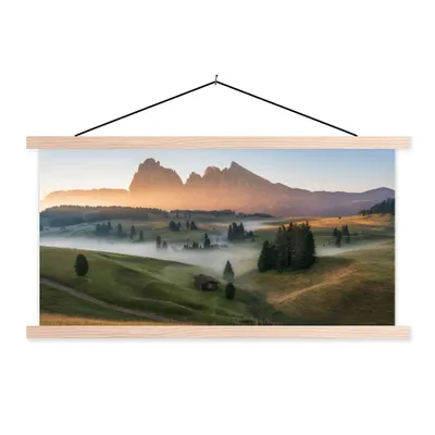 Produktbild von MuchoWow® Textilposter Berg - Nebel - Landschaft 120x60 cm mit holzfarbenen Rahmen - Klemmleiste