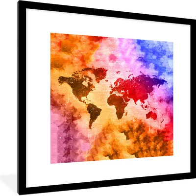 Produktbild von MuchoWow® MuchoWow® Gerahmtes Poster Weltkarte - Farben - Abstrakt 40x40 cm - Poster mit zchwarzem Bilderrahmen - Poster - Plakat im Rahmen