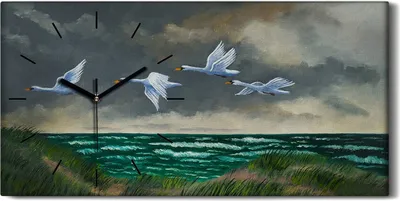 Produktbild von Dekor Leinwand Uhr Wandbild 60x30 Gemälde Meer Himmel Wolken Tier Vögel Schwäne - schwarze Hände