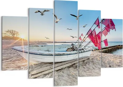 Produktbild von Bild auf Leinwand - Leinwandbild - 5 Teile - £ódŸ Küste Möwen - 150x100cm - Wand Bild - Wanddeko - Wandbilder - Leinwanddruck - Bilder - Wanddekoration - Leinwand bilder - Wandbild - EA150x100-4779