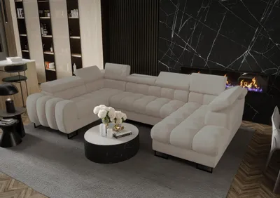Productafbeelding van Zitmeubel met slaapbank BASTIEN, bekleed met stof in de kleur terra beige, met een hocker aan de rechterkant