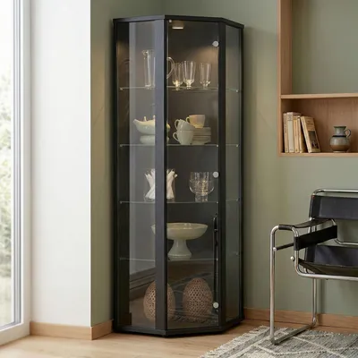 Produktbild von K-Mšbel Eckvitrine in Schwarz (176x56,5x56,5 cm) mit 4 Glasbšden & LED - Modellauto Vitrine Schwarz - Vitrinenschrank Holzoptik - Sammlervitrine - Wohnzimmerschrank Glasvitrine Regal Wand Glas