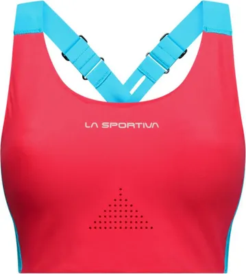 Imagen del producto de Sujetador deportivo de alto soporte Pulse W de La Sportiva, ideal para entrenamientos intensos en la montaña. Talla: L, Color: P02B02 - Hibiscus/Azul Malibu