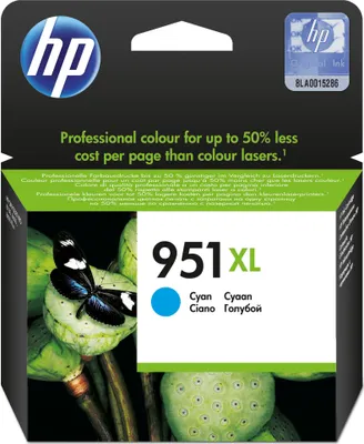 The image shows the packaging of an HP 951XL Cyan ink cartridge, featuring a butterfly on a lotus pod.