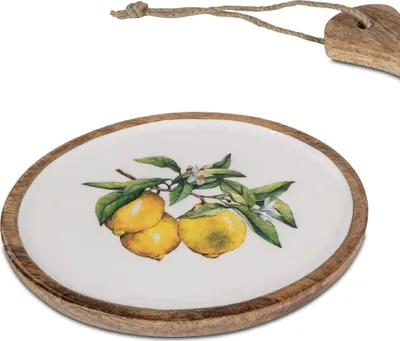 A round serving plate with a wooden rim, featuring a watercolor-style illustration of lemons on a branch.