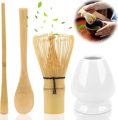 Produktbild von Matcha-Set - 4-teilig - Japanischer Chasen-Besen - Teelöffel - Besenhalter - Matcha-Löffel - Keramik