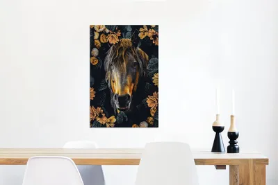 Produktbild von MuchoWow Wanddekoration Metall Metallbild Wandkunst 60x90 cm Pferd - Blumen - Orange MuchoWow Aluminium Gemälde - Wandbilder - Aluminium