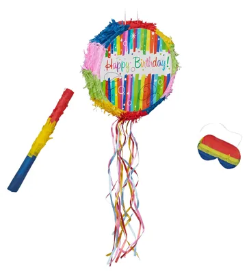 Produktbild von Relaxdays Pinata Geburtstag, mit Stab & Maske, Partypinata für Kinder, Geburtstag, zum Befüllen, HxD: 32 x 9 cm, bunt