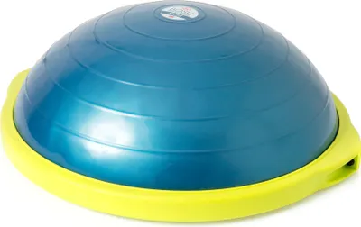 A blue and yellow Bosu Balance-Trainer is shown against a white background.