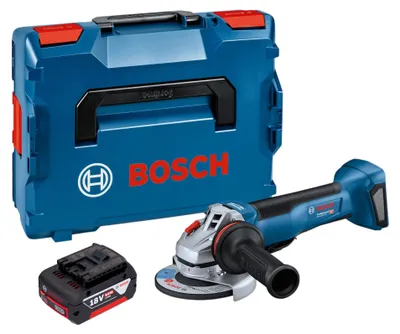 Zdjęcie produktu dla Bosch GWS 18V-10 P Professional – akumulatorowa szlifierka kątowa 18 V 125 mm bezszczotkowa + 1x akumulator 5,0 Ah + L-Boxx – bez ładowarki