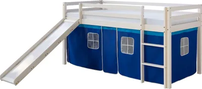 Obrázok produktu pre Homestyle4u 520, Detská podkrovná posteľ so šmykľavkou, rebrík, záclona modrá, masívne drevo biela borovica, 90x200 cm
