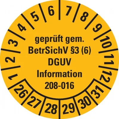 Produktbild von Dreifke® Prüfplakette gepr. gem. BetrSichV §3(6)DGUV, 26-31, gelb, Dokufolie,...
