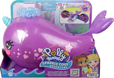 A Polly Pocket Sparkle Cove Narwhal Adventure Boat toy in its packaging.