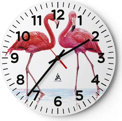 Produktbild von Wanduhr - Rund - Glasuhr - Flamingos Rosa Paar - 40x40cm - Schleichendes Uhrwerk - Lautlos - zum Aufhängen bereit - Dekoration Modern - Wanddekoration aus Glas - C4AR40x40-4243