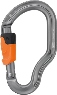 Petzl Vertigo Wire-Lock Karabiner aus grauem Metall mit orange-schwarzem Verschluss