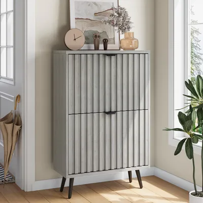 Produktbild von Schuhschrank - 60 cm grau - 2 Klapp-Schubladen & Rillendesign - Kippschutz