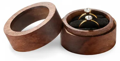 Imagen del producto de Caja redonda para anillos, hecha de nuez, con 2 compartimentos, diseño vintage, 1 unidad, ideal para anillos de compromiso