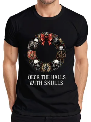 Produktbild von Deck The Halls With Skulls Totenkopf Weihnachtskranz düster Herren T-Shirt, Schwarz, M