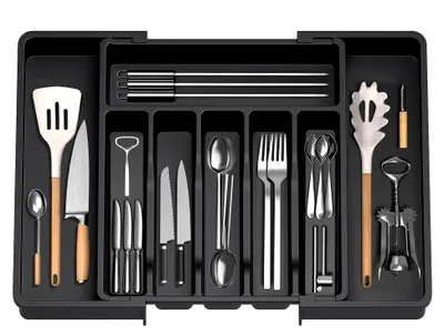 Produktbild von Ausziehbarer Utensilien-Organizer für Schubladen, Besteck-Organizer für die Küche, Kunststoff-Aufbewahrung für Besteck, Löffel, Gabeln usw., schwarz