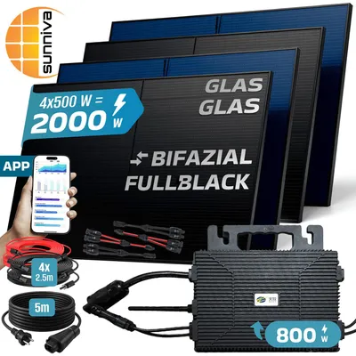 Produktbild von SUNNIVA® 2000W Balkonkraftwerk BIFAZIAL FULLBLACK komplett Steckdose ASTRO-E 800W Wechselrichter, PV Solaranlage, 5m Kabel, Bluetooth WIFI