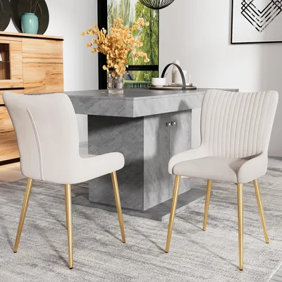 Produktbild von Samt-Esszimmerstuhl, 2er-Set, Wohnzimmer, Schlafzimmer, Lounge-Stuhl mit vier Goldene Metallstützbeinen, Lendenwirbelstütze,Beige Beige+Gold
