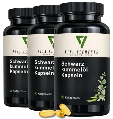 Productafbeelding van Vita Elements Zwartekümmelolie Set van 3 400 Capsules Nigella Sativa Koudgeperst Vitamine E Voedingssupplement