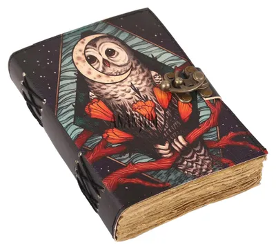 Productafbeelding van Handgemaakt leren notitieboek met uilenmotief - Vintage notitieboek met sluiting