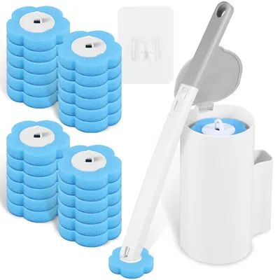 Produktbild von Einweg-Toilettenbürste mit Halter - Inklusive 24 Reiniger-Nachfüllschwämmen - WC-Reinigungsset für Badezimmer und Waschbecken